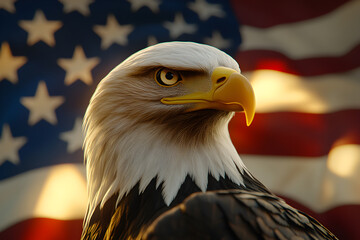 Naklejka premium Majestic bald eagle with an American flag background symbolizing patriotism and freedom, showcasing strength and resilience as the national emblem of the United States