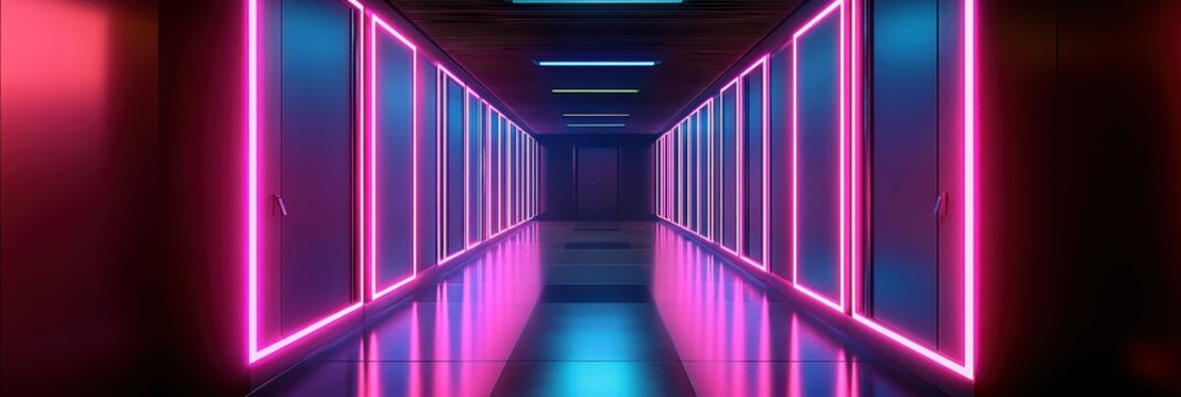 Cyberpunk corridor, neon lights, vibrant pink and blue, futuristic hallway, glowing panels, symmetrical perspective, dark reflective floor, sci-fi interior, ultraviolet atmosphere, retro-futuristic ae