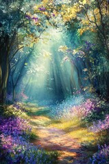 Obraz premium Autumn background with colorful leaves falling on the ground in sunlight. Autumn scene with autumnal trees and golden yellow, red, and orange fall foliage. Lots of vibrant colors in an enchanted fores