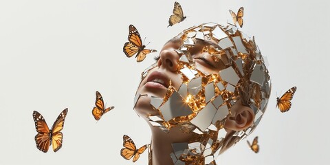 Conceptual Artwork of a Woman Enveloped by Butterflies with a Mosaic Glass Mask