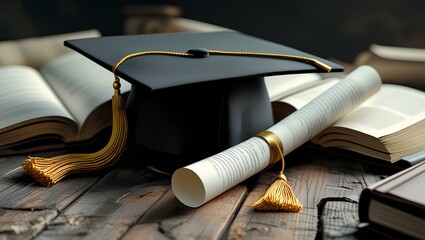 Naklejka premium A graduation cap, diploma, and books arranged neatly on a wooden table, symbolizing academic achievement and success