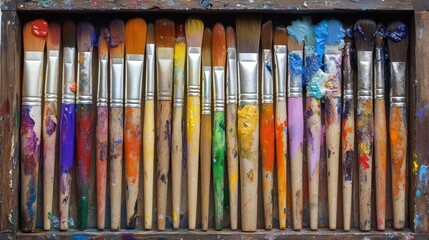Colorful paintbrushes in wooden box. (1)