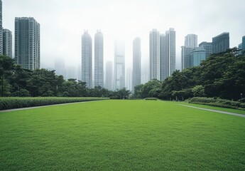 Obraz premium Beautiful green lawn in the city, with tall buildings and skyscrapers on both sides of it. The background is a white sky. In front of you can see an empty park path leading to a distant building. Ther