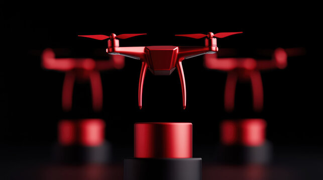 close up of red drones flying above trophies in dark setting