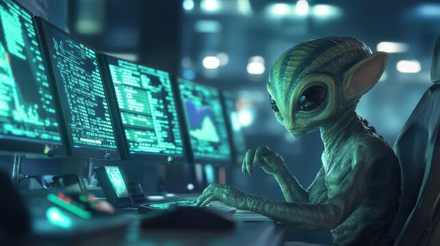 A concept image of an alien studying financial data on glowing monitors in a futuristic office, blending business strategy with sci-fi aesthetics.