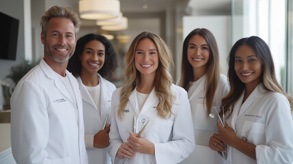 A diverse group of dentists standing together in white coats, smiling and holding dental instruments, bright professional environment celebrating teamwork