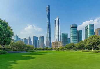 Fototapeta premium Beautiful green lawn with skyscrapers in the background, city park landscape. Modern urban architecture with copy space. Cityscape of Shanghai, China, Lujiazui business district. Bright sky. 