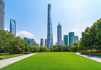 Obraz premium Beautiful green lawn with skyscrapers in the background, city park landscape. Modern urban architecture with copy space. Cityscape of Shanghai, China, Lujiazui business district. Bright sky. 