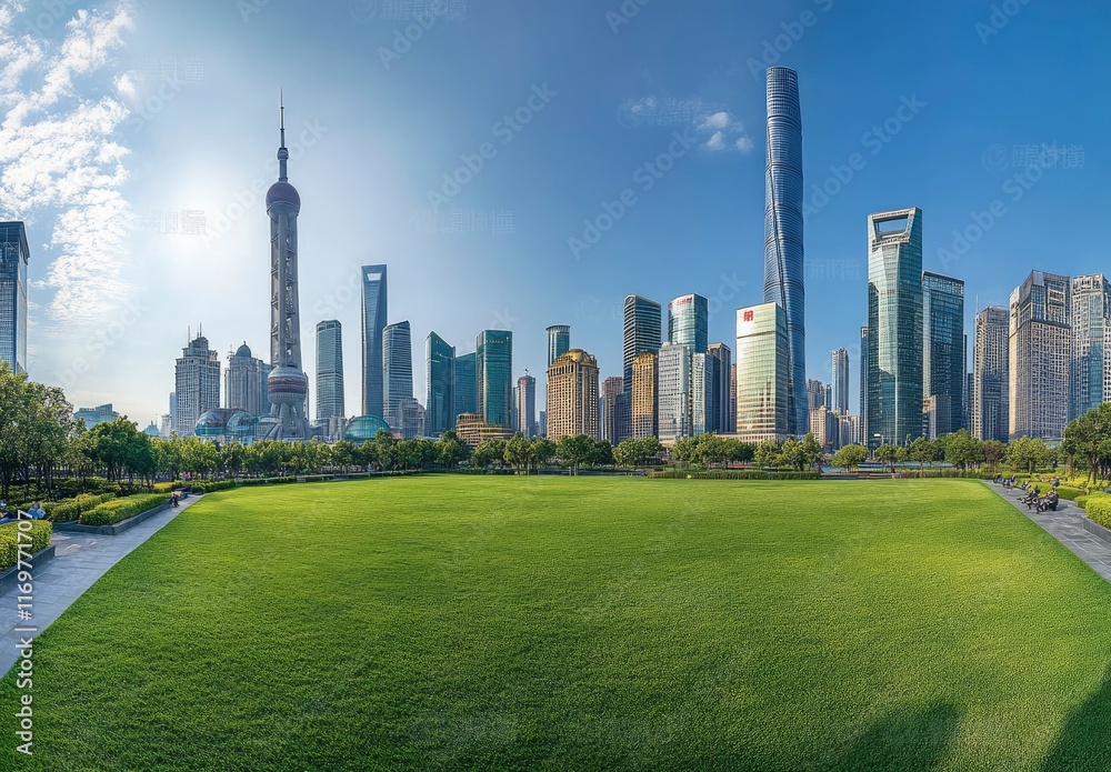 Poster Beautiful green lawn with skyscrapers in the background, city park landscape. Modern urban architecture with copy space. Cityscape of Shanghai, China, Lujiazui business district. Bright sky. 