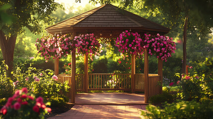 Fototapeta premium Charming Gazebo Adorned with Hanging Baskets: Enchanted Garden Setting