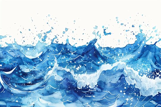 Abstract blue watercolor ocean waves with splashes and bubbles. Hand-painted digital illustration. Sea and nature concept. Design for poster, banner, card, invitation, print, wallpaper.
