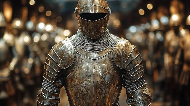 This knight clad in gleaming armor stands among numerous other suits, evoking a sense of history.
