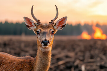 Obraz premium deer looking for in burning landscape