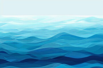 Abstract layered ocean waves with distant mountains. Digital illustration. Sea and nature concept. Design for poster, banner, card, invitation, print, wallpaper.