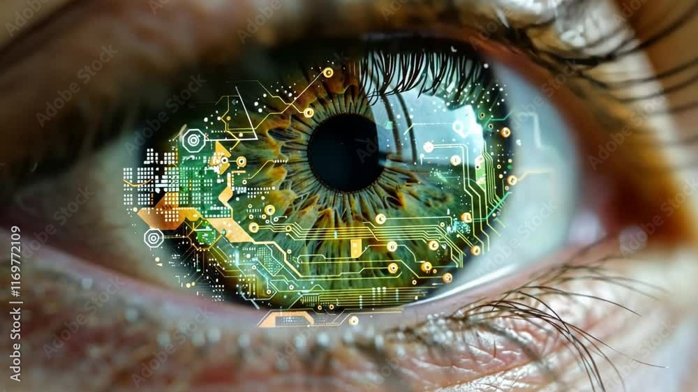 Leinwandbilder A close-up view of a human eye integrates elements of artificial intelligence with circuit patterns overlaid on the iris. The vibrant colors highlight the connection between humanity and technology.