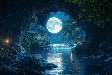 Fototapeta premium Moonlit cave entrance with waterfall and calm river.