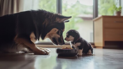 An adult dog and a playful puppy sharing a meal from the same bowl in a cozy home interior, showcasing warmth and companionship.