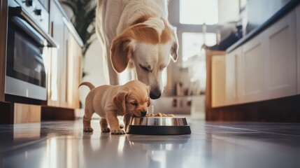 An adult dog and a playful puppy sharing a meal from the same bowl in a cozy home interior, showcasing warmth and companionship.
