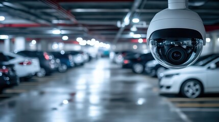 Fototapeta premium An advanced security camera is actively monitoring a parking garage, emphasizing its role in ensuring safety and enhancing surveillance in a secure environment.