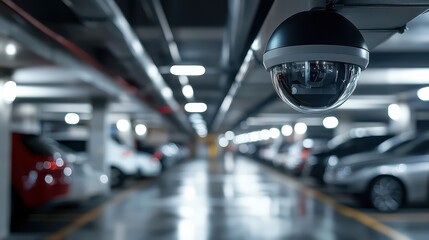 Obraz premium An advanced security camera is actively monitoring a parking garage, emphasizing its role in ensuring safety and enhancing surveillance in a secure environment.