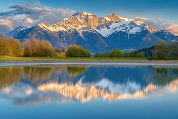 Fototapeta premium Beautiful mountain sunset with snow on the peaks and reflection in lake, Alps mountains landscape. photorealistic, high resolution photography, insanely detailed, fine details, professional color 