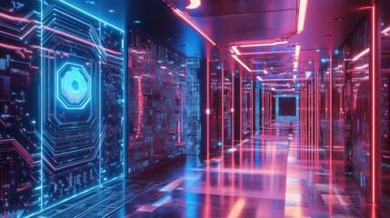 Futuristic neon corridor.