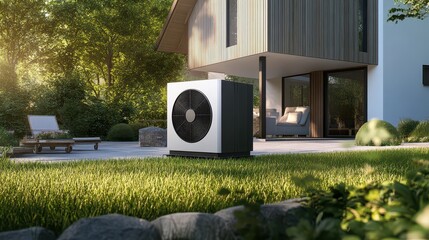 An air source heat pump heating unit installed on the exterior of a house by an engineer, showcasing a modern and efficient heating solution in action.