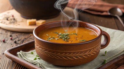 A closeup of rich amber broth gently swirling in a rustic clay mug with tiny flecks of herbs dancing atop the surface. The warmth of the drink is illustrated by vapor