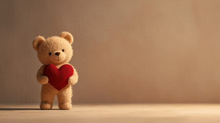 A Small teddy bear holding heart on plain background, perfect for text placement