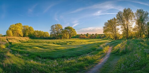 Beautiful summer landscape with a green meadow, trees, and a path under a blue sky at sunrise in Germany. featuring high-quality, high-resolution, professional photography with natural lighting