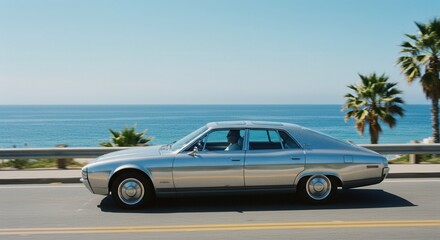 Obraz premium Vintage car cruising along coastal highway with scenic ocean view and palm trees