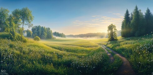 Obraz premium Beautiful summer landscape with a green meadow, trees, and a path in the morning sun. Panoramic view of an idyllic countryside at sunrise with a blue sky, high-resolution photography, professional