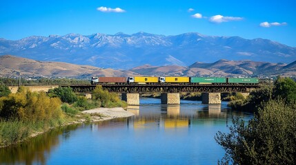 Fototapeta premium Freight train crossing river bridge against mountain backdrop.