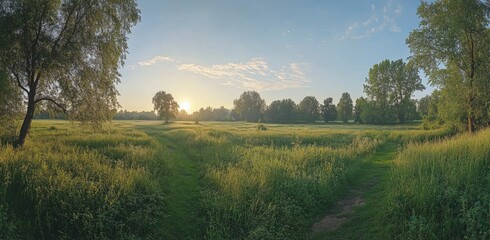 Obraz premium Beautiful summer landscape with a green meadow, trees, and a path in the morning sun. Panoramic view of an idyllic countryside at sunrise with a blue sky, high-resolution photography, professional col