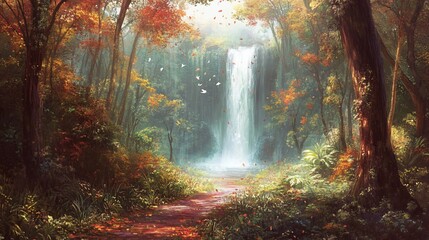 Fototapeta premium Serene autumn waterfall in lush forest, path leads to cascading water.