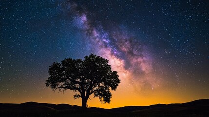 Fototapeta premium Lone tree silhouetted against a vibrant Milky Way galaxy at sunset.
