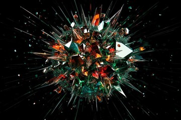 A vibrant explosion of multifaceted crystals in shades of emerald, amber, and ruby, radiating energy against a stark transparent background.