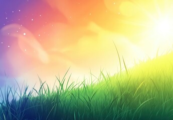 Obraz premium Beautiful summer landscape with green grass on the mountain hill and a beautiful sunset sky over the mountains in the background, with copy space for text. high resolution. 