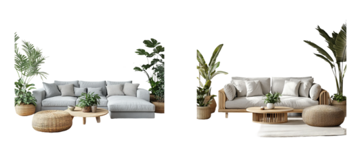 Modern Living Room Furniture with Plants on Transparent Background