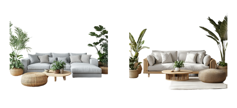 Modern Living Room Furniture with Plants on Transparent Background