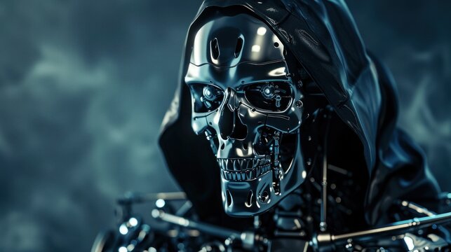 Futuristic evil skeleton robot in hood with metal armor, AI generated image