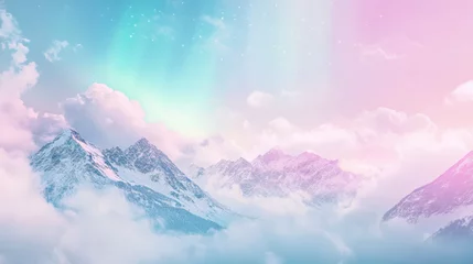 Gordijnen A dreamy February sky filled with soft teal and lavender clouds, gently illuminated by a low winter sun, snow-covered mountain peaks in the distance © otter2