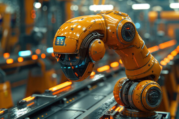 Fototapeta premium yellow industrial robot installed on a conveyor line inside a factory or workshop. The robot is equipped with sensors and actuators designed to perform precise operations.