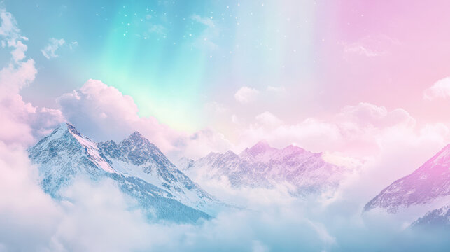 A dreamy February sky filled with soft teal and lavender clouds, gently illuminated by a low winter sun, snow-covered mountain peaks in the distance - Powered by Adobe