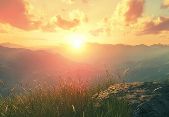 Fototapeta premium Beautiful summer landscape with green grass on the mountain hill and a beautiful sunset sky over the mountains in the background, with copy space for text. high resolution. 