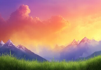Obraz premium Beautiful summer landscape with green grass on the mountain top at sunset. Mountain range in the background, blue sky and clouds. Beautiful nature scene with sunlight. Beauty of the natural world. hig
