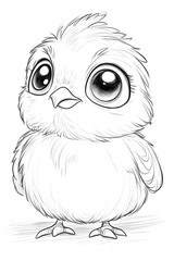 Cute Cartoon Chick Character with Big Eyes and Fluffy Feathers, Perfect for Children's Illustrations drawing and coloring page for printable