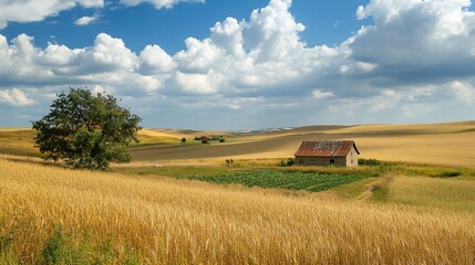 Rustic barn in golden wheat field under a vibrant summer sky.