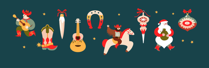 Christmas toys. Wild west. Vintage ornaments. Vector illustration for card, poster, season decor, stickers