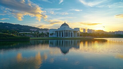 Obraz premium Beautiful sunset at putra mosque, ketrofit reflection of the majestic building on water surface, distant view of cityscape and hills, serene blue sky with scattered clouds, wide angle lens